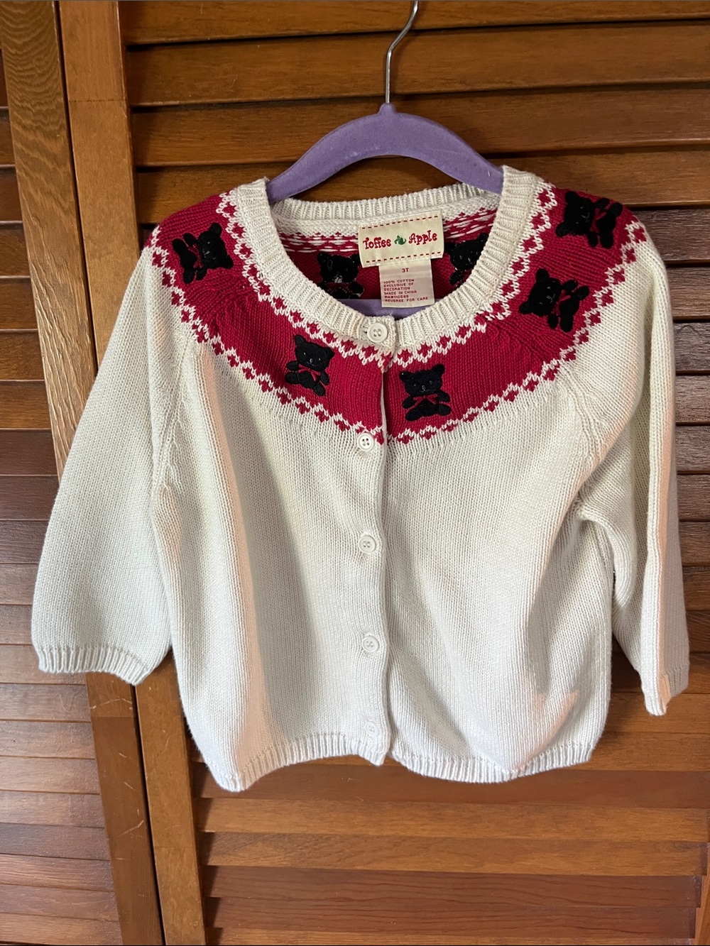 Toffee Apple Kids Size 3T Cardigan with Red Yoke and Black Kitty Motif New